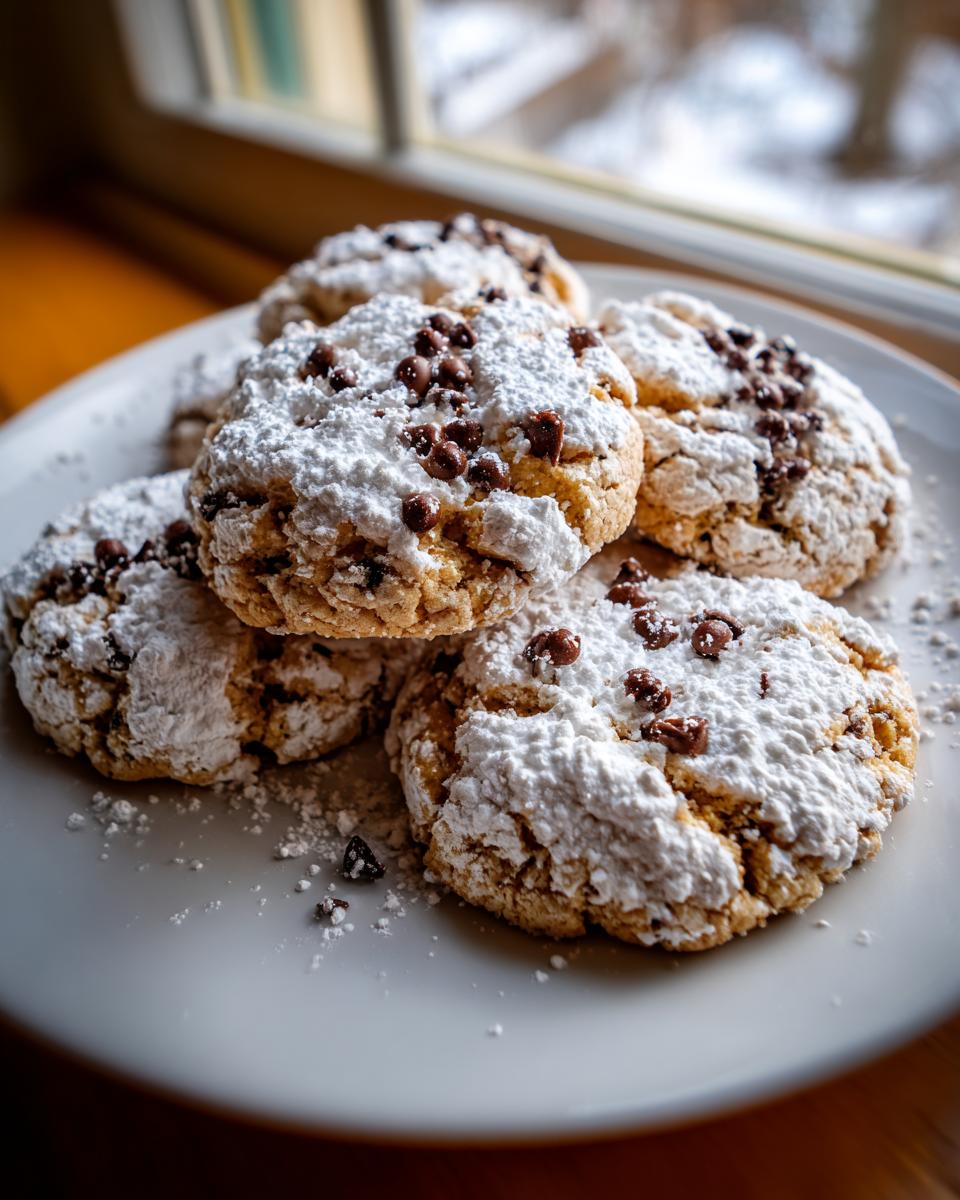 A stack of freshly baked cannoli cookies generously dusted with powdered sugar and mini chocolate chips on a white plate.