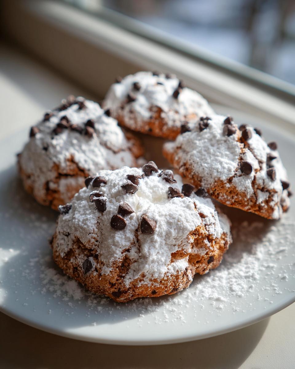 Four freshly baked cannoli cookies, dusted heavily with powdered sugar and topped with mini chocolate chips, sitting on a white plate.