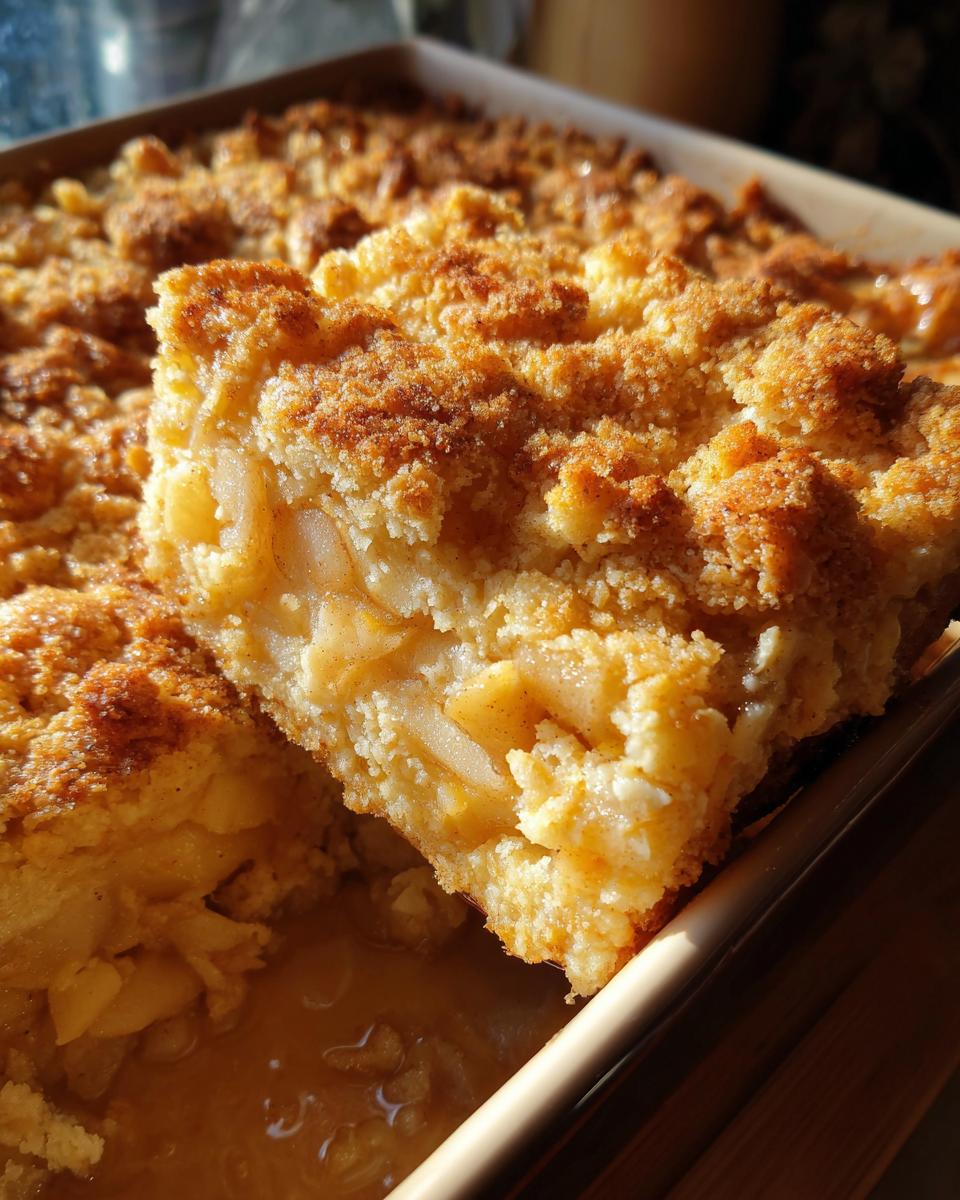 Close-up of a serving slice being lifted from a baked caramel apple dump cake, showing gooey apples and crumb topping.
