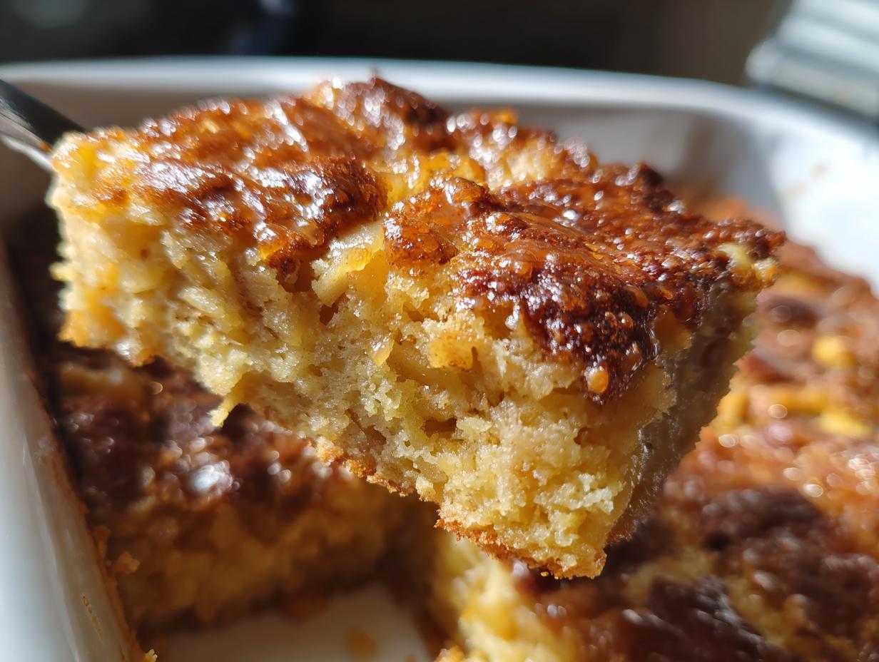 A close-up shot showing a fork lifting a moist, golden piece of caramel apple dump cake with a shiny, caramelized top.