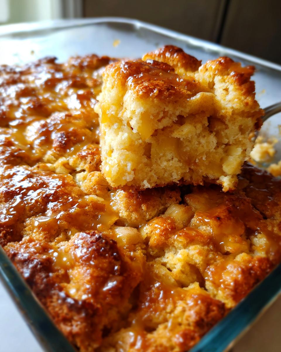A close-up of a serving utensil lifting a square piece of moist caramel apple dump cake from the baking dish.