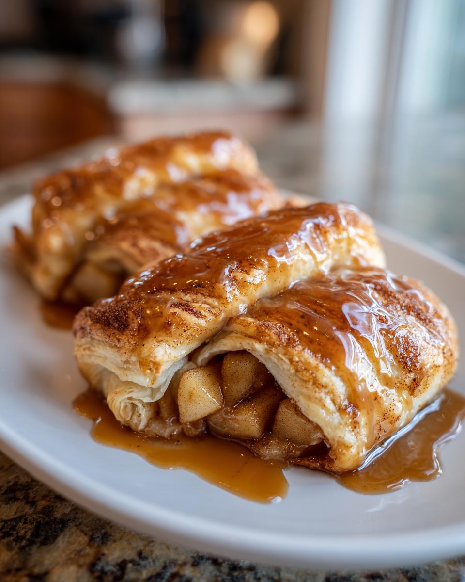 A close-up of a flaky pastry apple dumpling topped with rich caramel sauce, revealing chunks of spiced apple filling.
