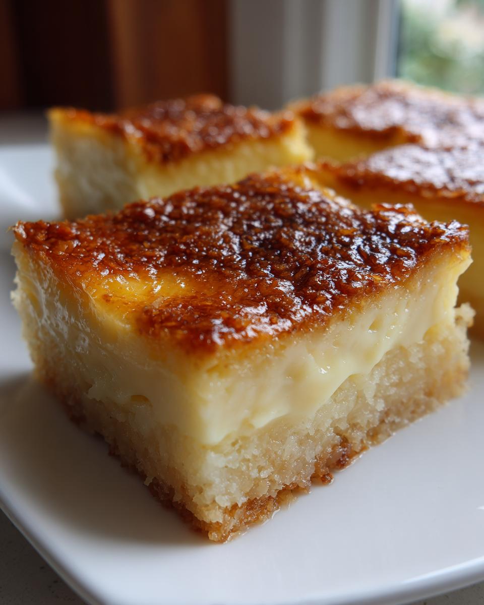 Close-up of a square slice of creamy cassava cake with a dark, caramelized top layer.