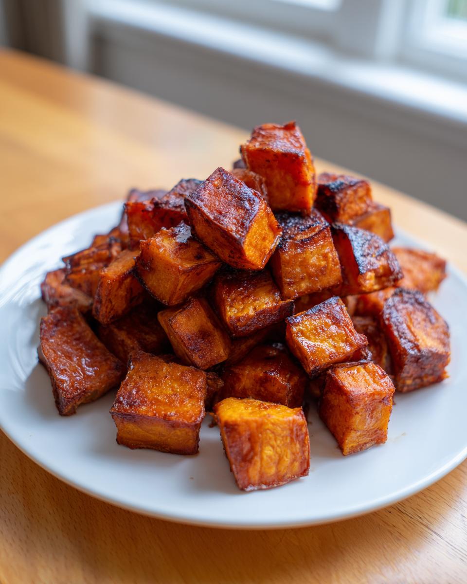 A pile of perfectly caramelized, cubed roasted sweet potatoes stacked on a white plate.