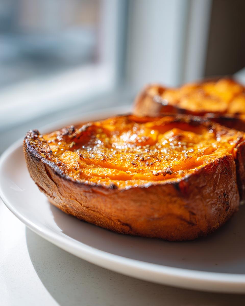 Close-up of a thick slice of caramelized sweet potato toast topped with sugar, sitting on a white plate near a window.