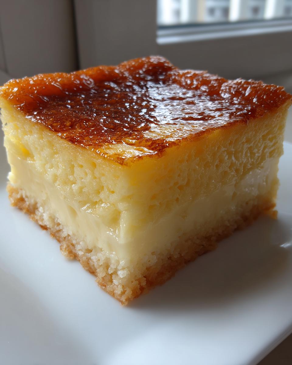 Close-up of a square slice of creamy cassava cake with a rich, dark caramelized top layer.