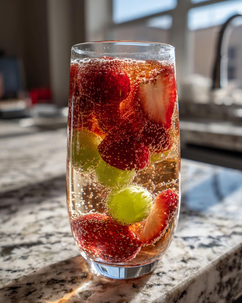 Close-up of a glass filled with bubbly champagne punch, strawberries, and green grapes.