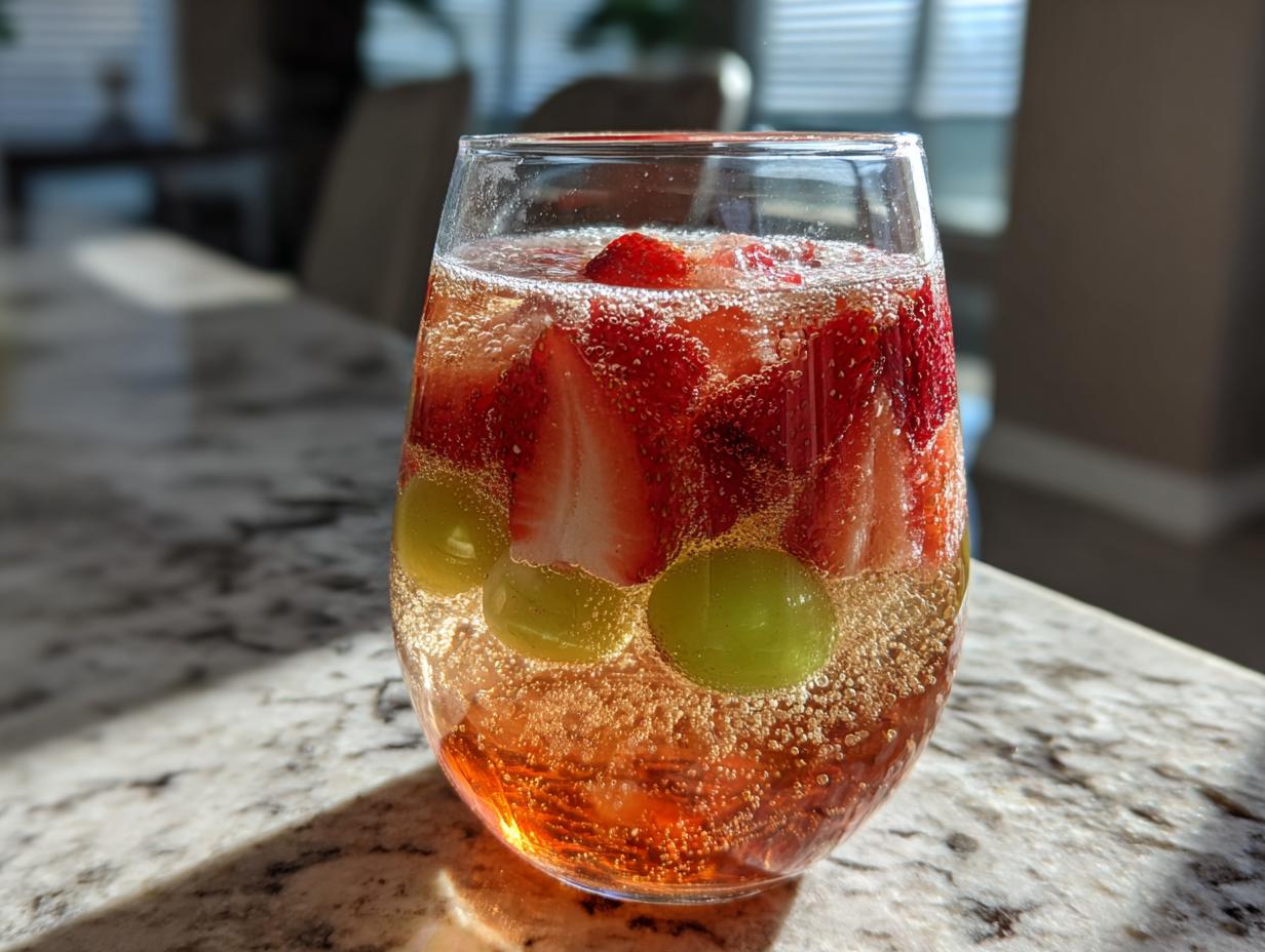 A glass of bubbly champagne punch filled with sliced strawberries and green grapes, sitting on a granite counter.