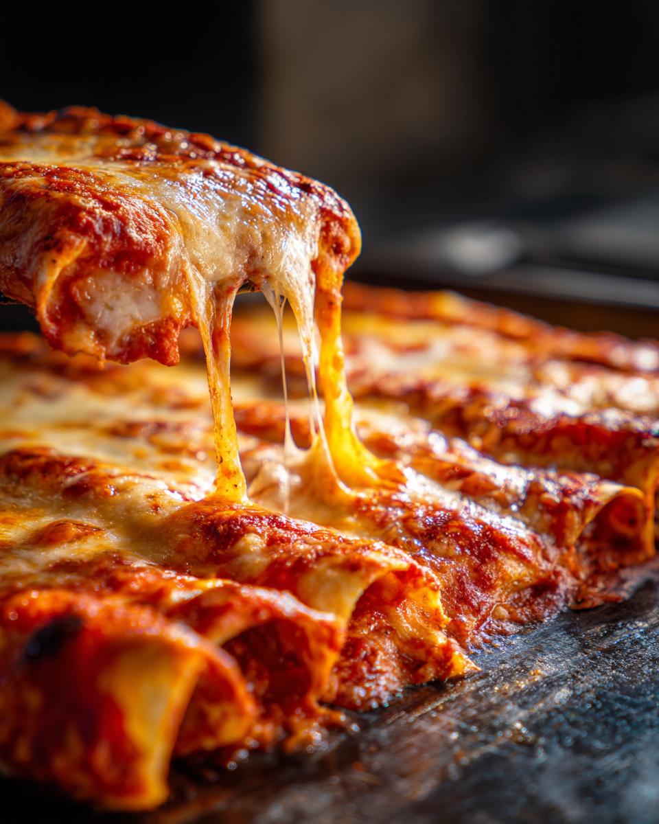 A spatula lifts one serving of cheesy, saucy cheese enchiladas, showing a dramatic, long cheese pull.