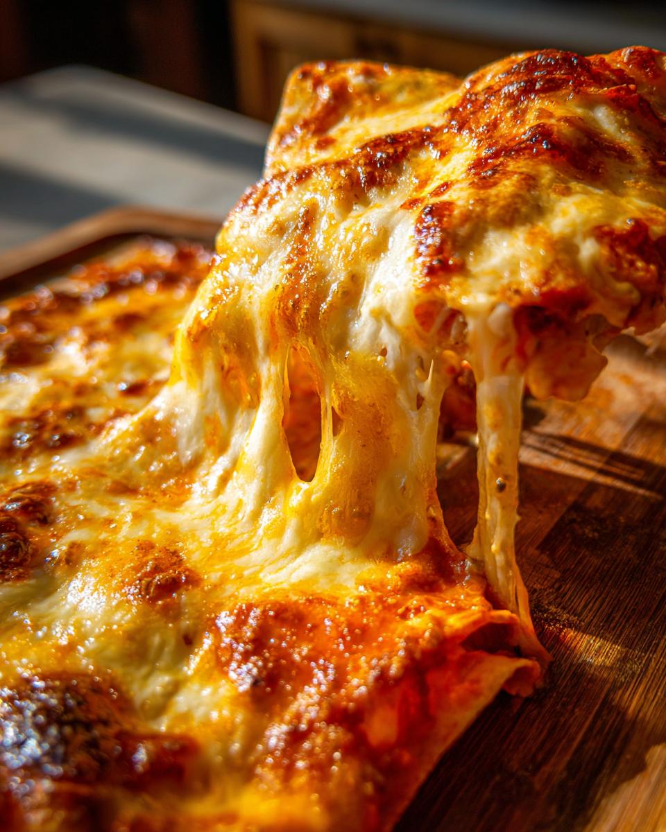 Close-up of a serving of cheese enchiladas being lifted, showing incredible, gooey, melted cheese pull.