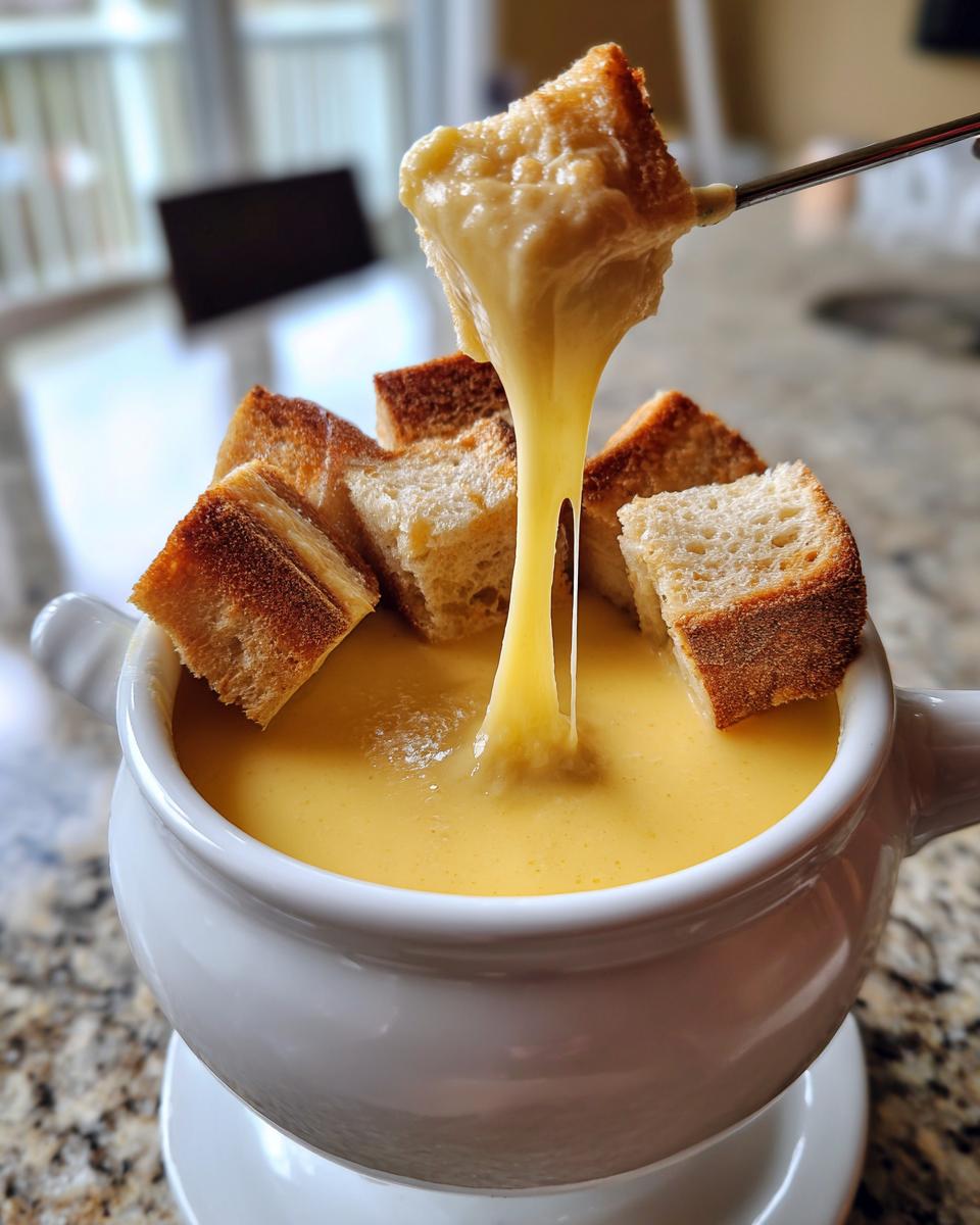 A piece of toasted bread is lifted from a white bowl of gooey, melted cheese fondue recipe, showing a long cheese pull.