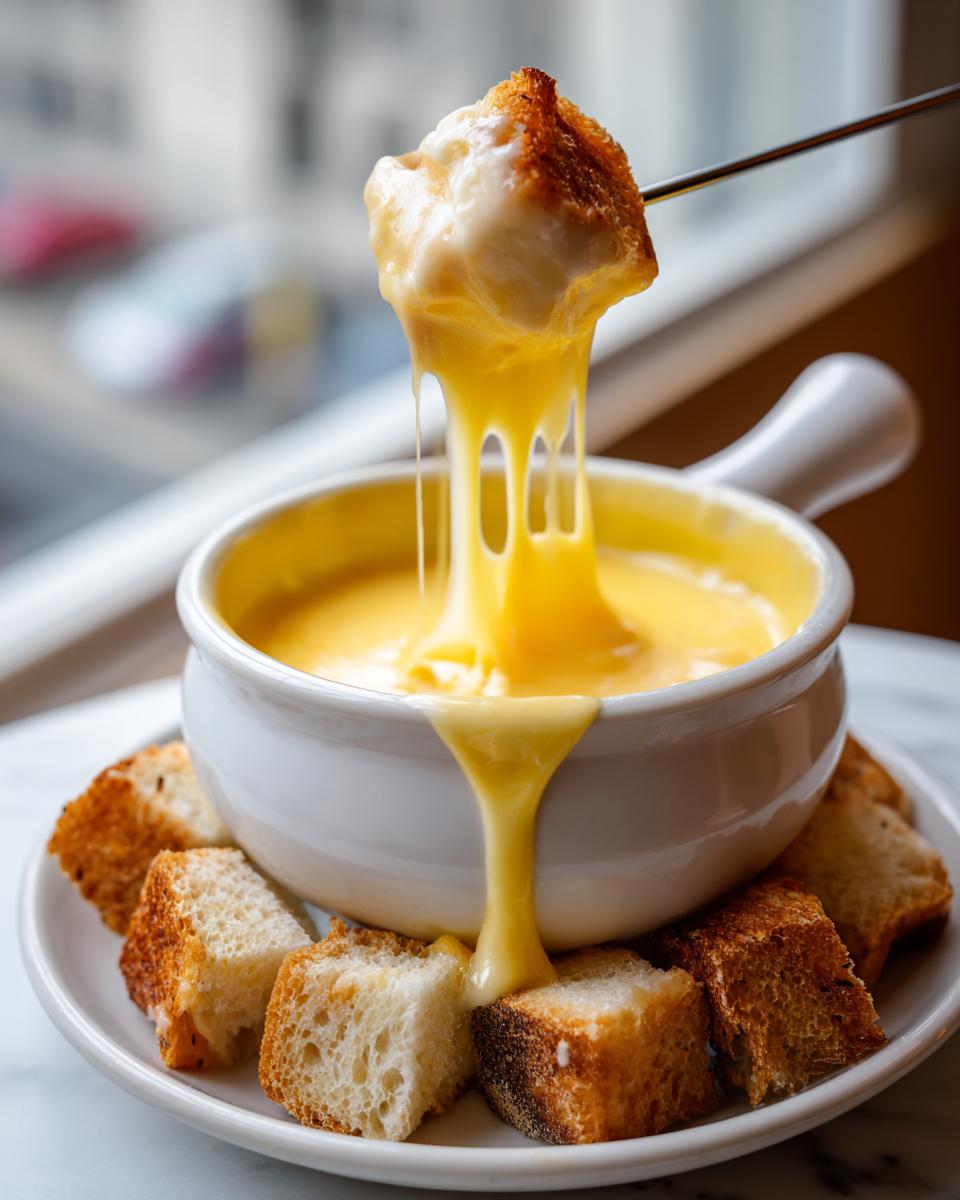 A piece of toasted bread is dipped into a pot of melted, stringy cheese fondue recipe.