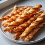 A close-up of several golden-brown, flaky cheese straws recipe twists piled on a light gray plate.