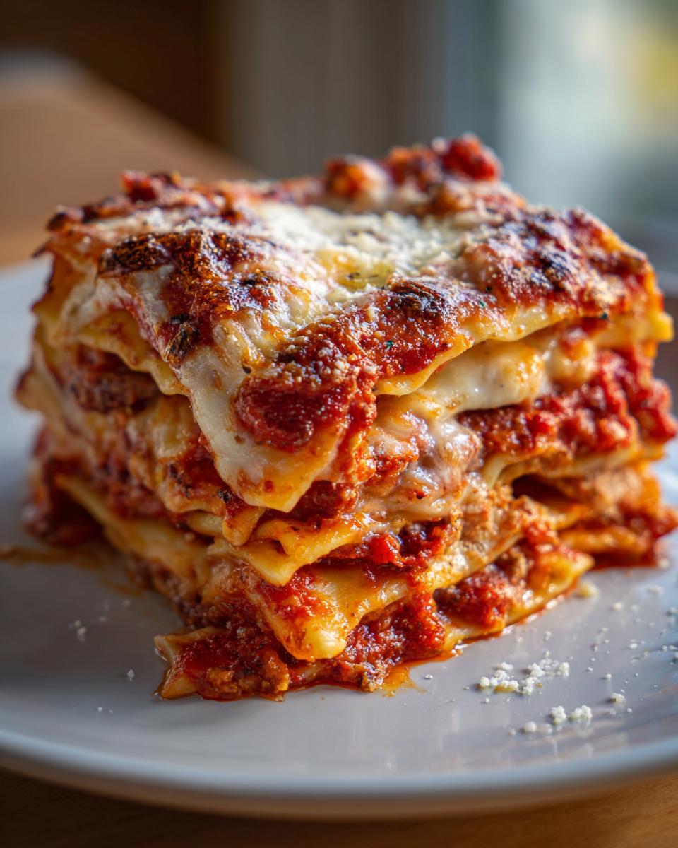 Close-up of a thick, layered slice of baked ravioli casserole, covered in melted cheese and rich tomato sauce.