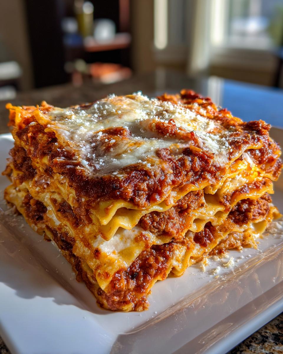 A tall, square slice of cheesy baked ravioli layered with meat sauce and topped with melted mozzarella and Parmesan.