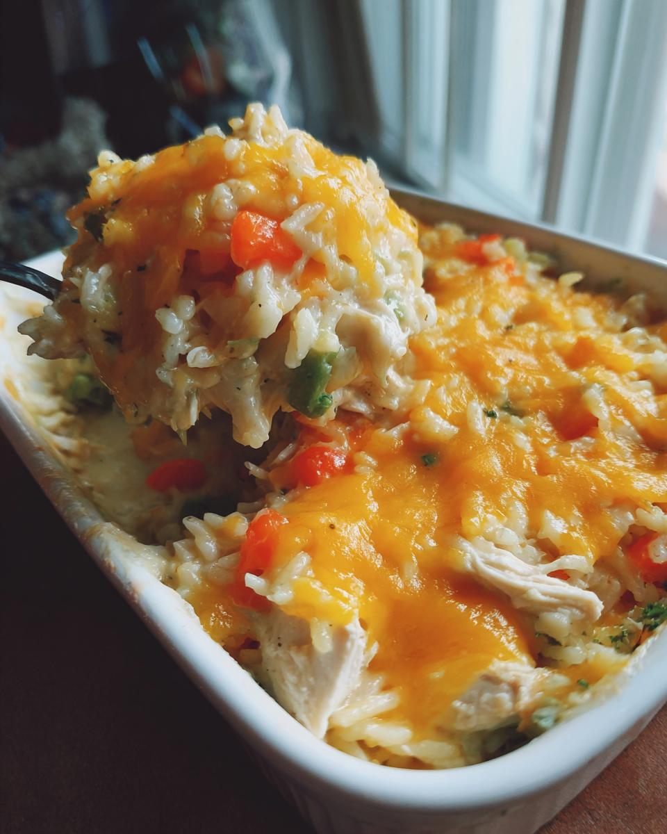 A spoonful of creamy chicken and rice topped with melted cheddar cheese being lifted from a white baking dish.