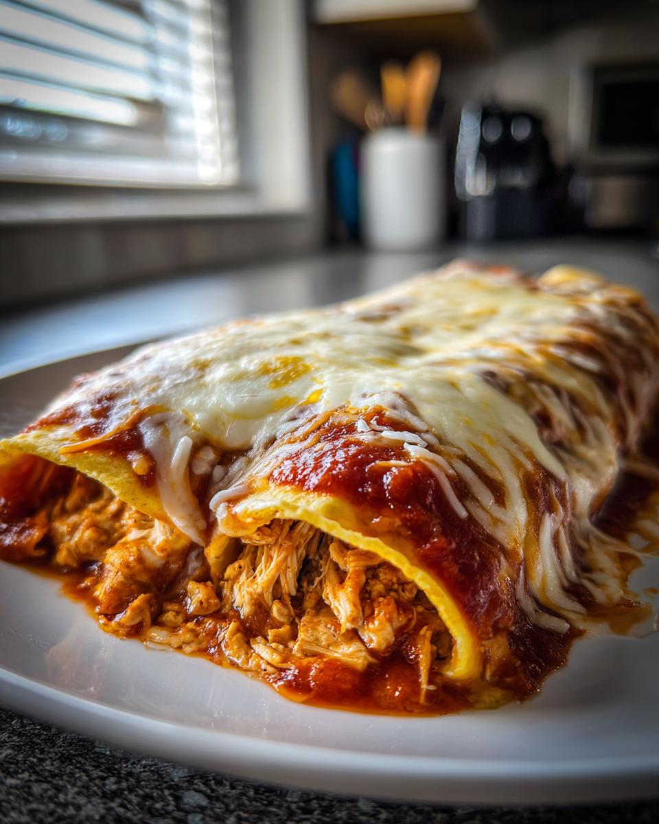 A close-up of one rolled tortilla filled with shredded chicken, covered in red sauce and melted white cheese, representing easy chicken enchiladas.