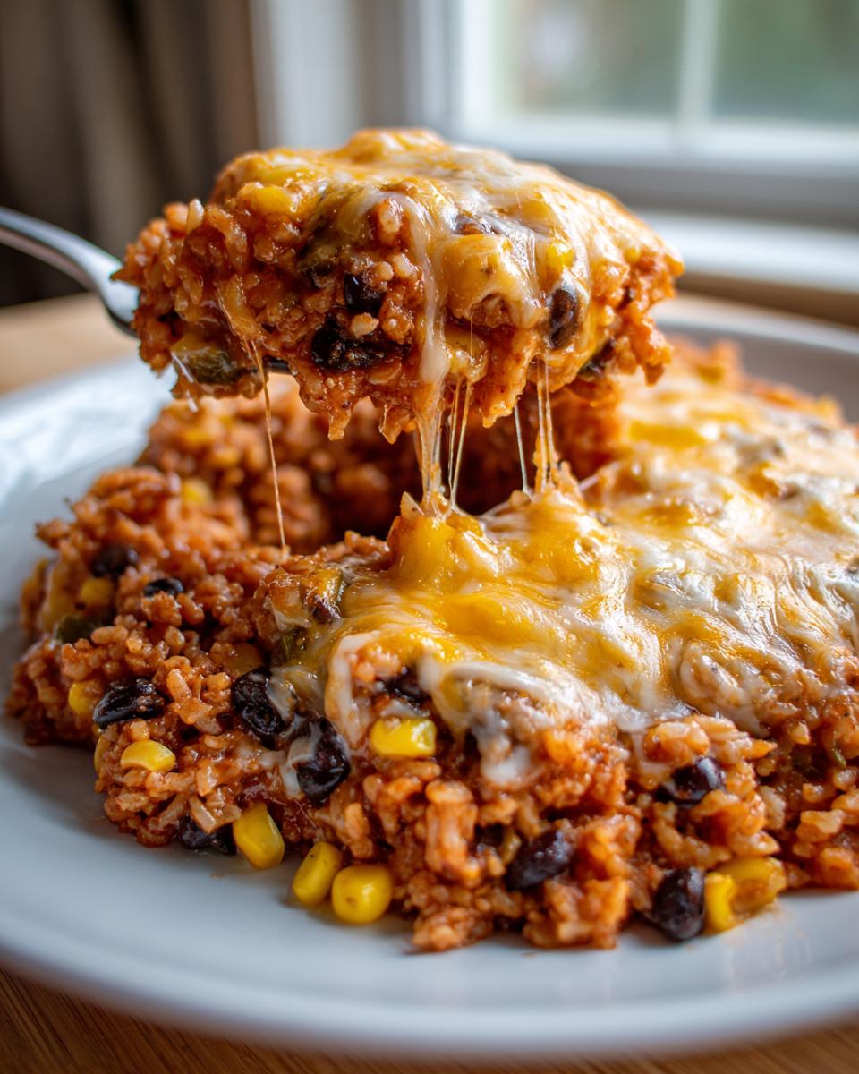 A fork lifts a cheesy scoop of Mexican rice casserole, showing melted cheese strings stretching down to the main dish.