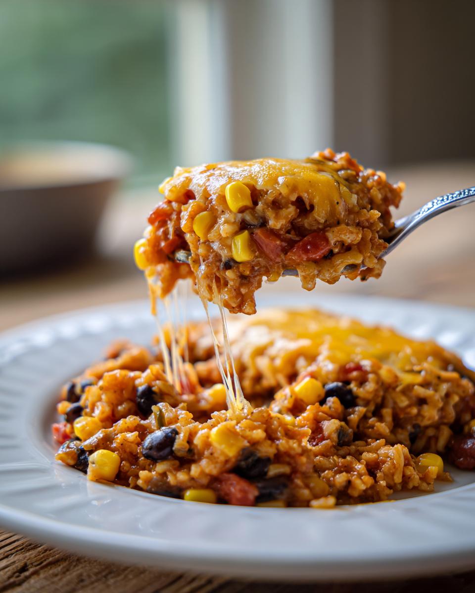 A spoonful of cheesy mexican rice casserole showing a dramatic cheese pull over a white plate.