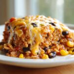 A close-up of a serving of cheesy mexican rice casserole featuring black beans and corn.