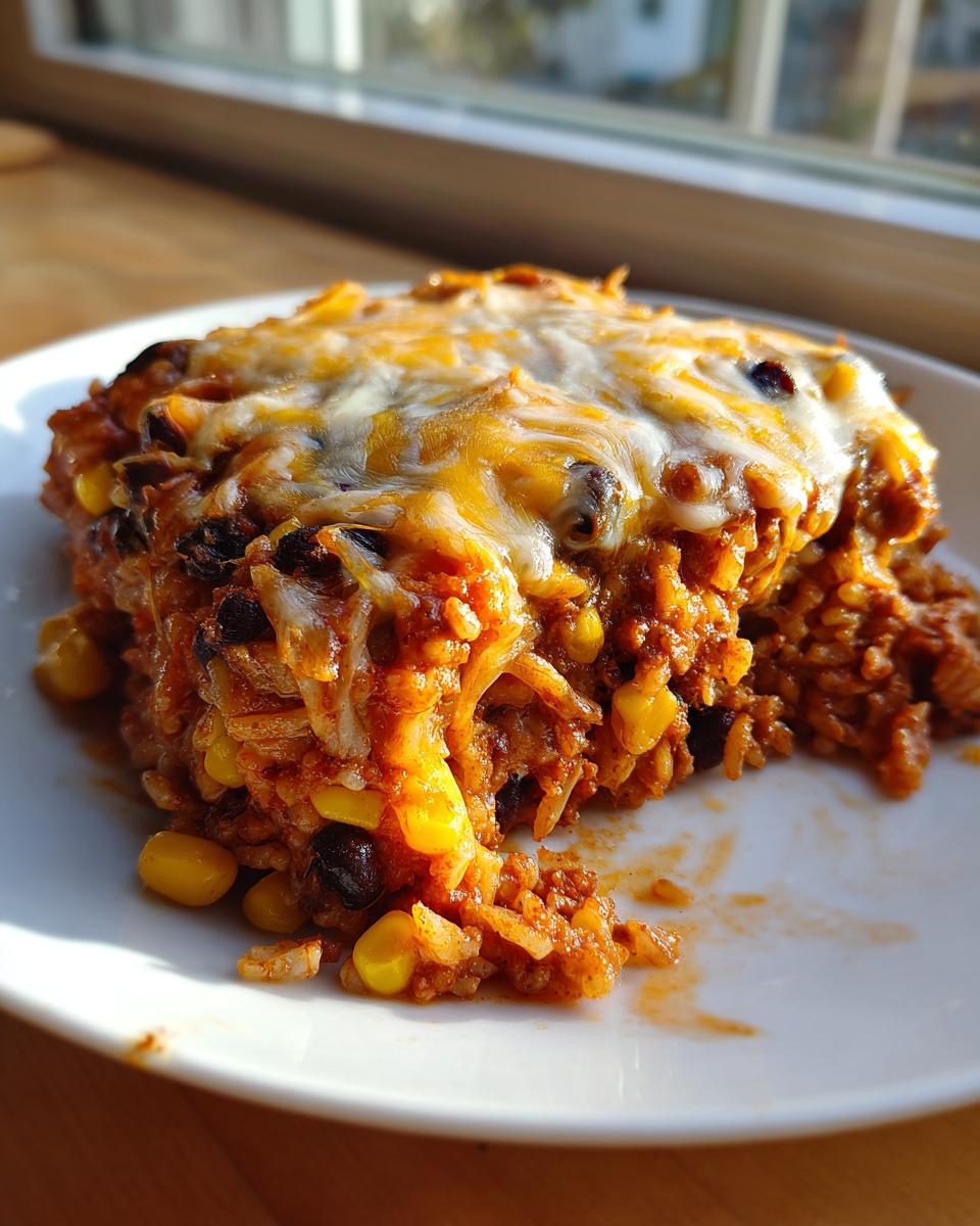 A close-up serving of cheesy mexican rice casserole topped with melted cheddar and Monterey Jack cheese, showing corn and black beans.