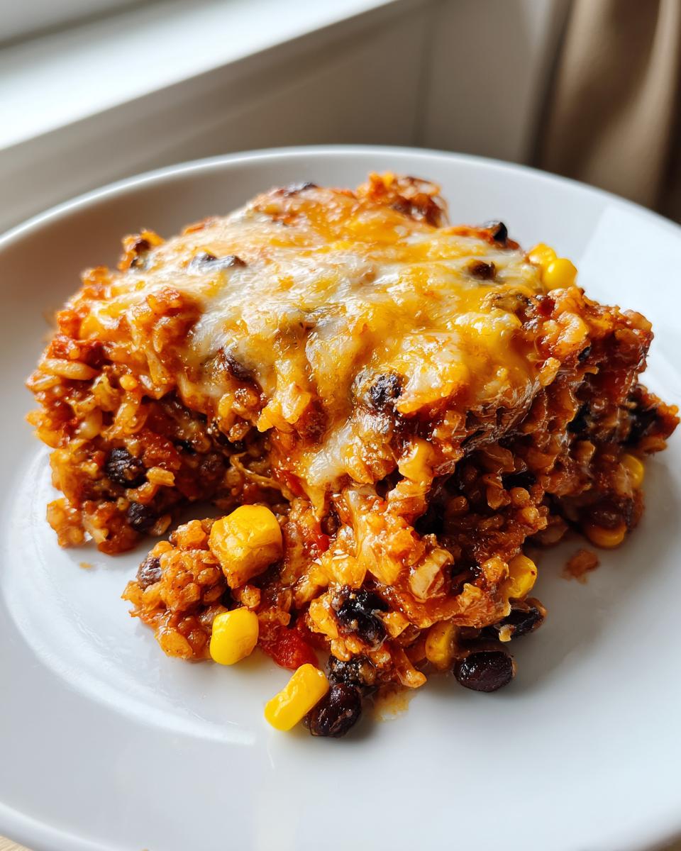 A close-up of a serving of cheesy mexican rice casserole featuring visible black beans and bright yellow corn kernels.