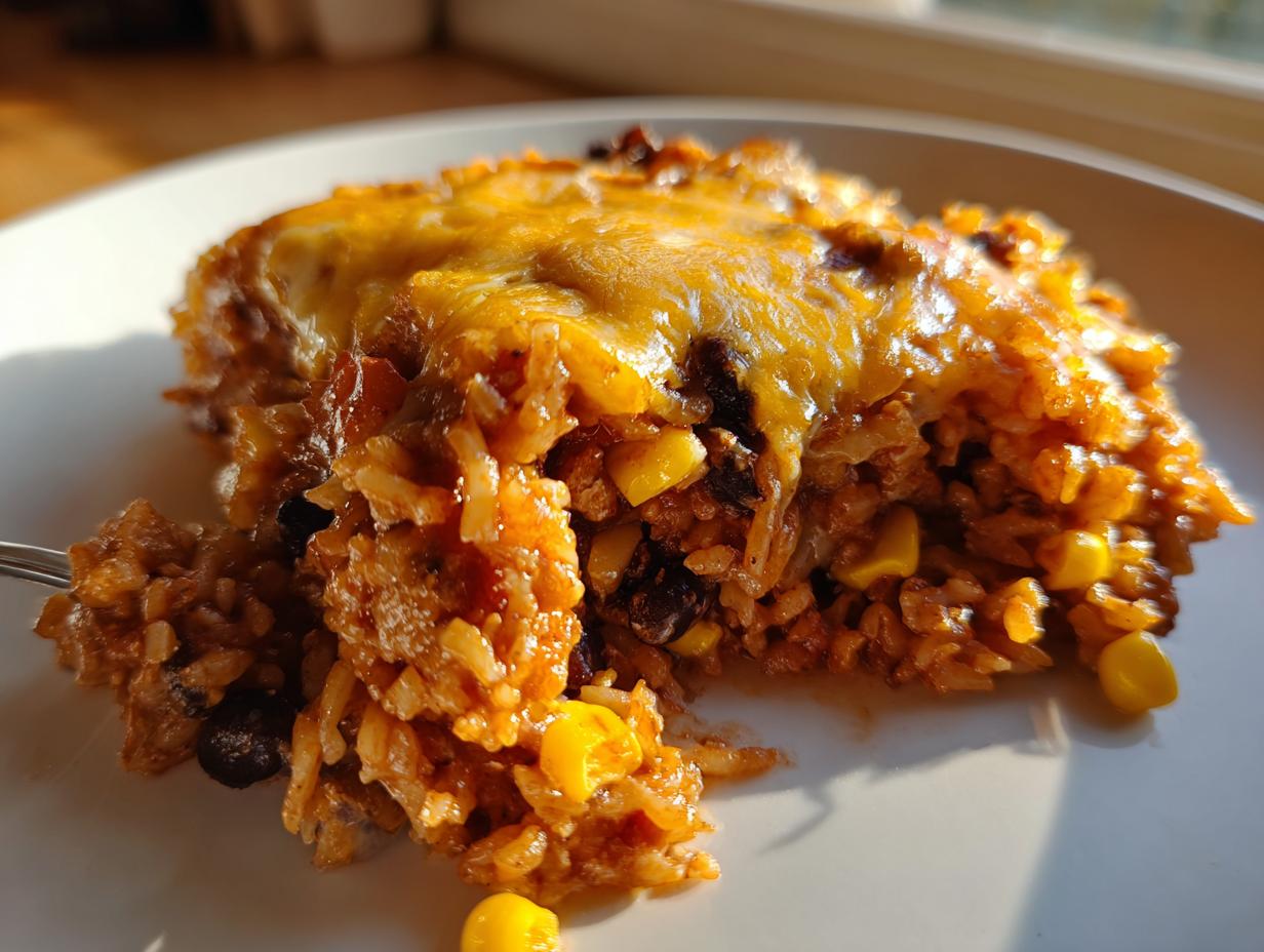 A close-up shot of a serving of cheesy mexican rice casserole, showing rice, black beans, and corn under melted cheddar cheese.