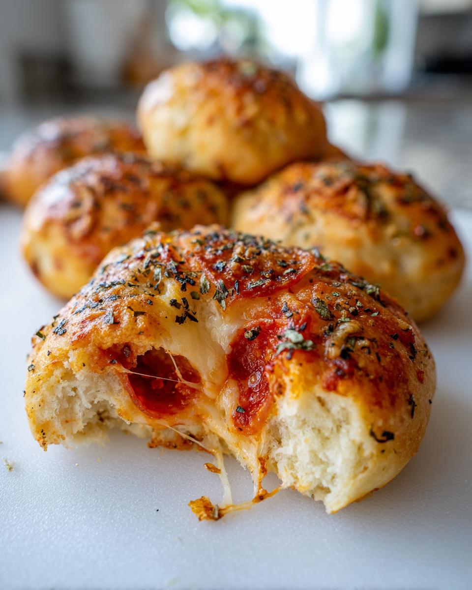 Close-up of a bitten pizza bites revealing melted cheese and pepperoni inside, topped with herbs.
