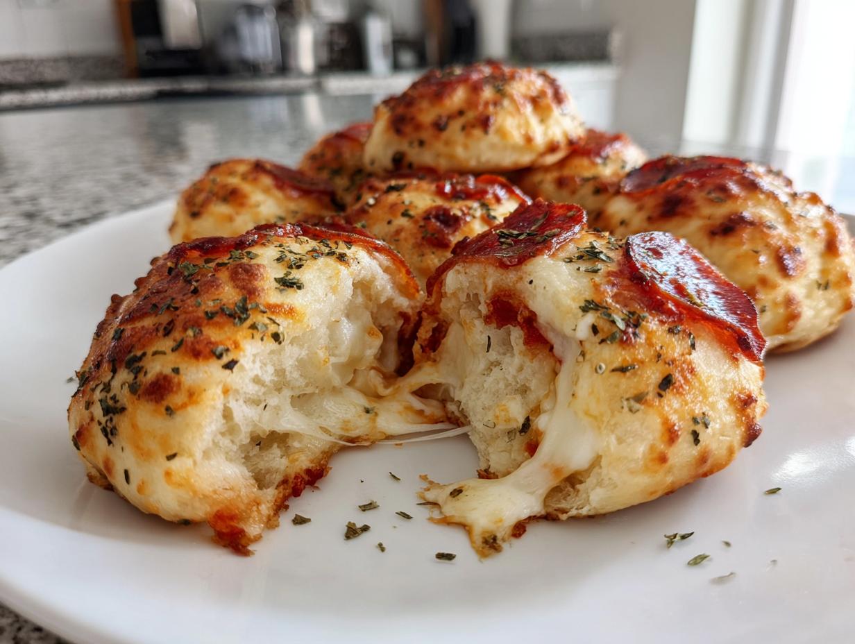 Close-up of homemade pizza bites, one pulled open showing melted cheese stretching between the halves. Features pepperoni and herbs.