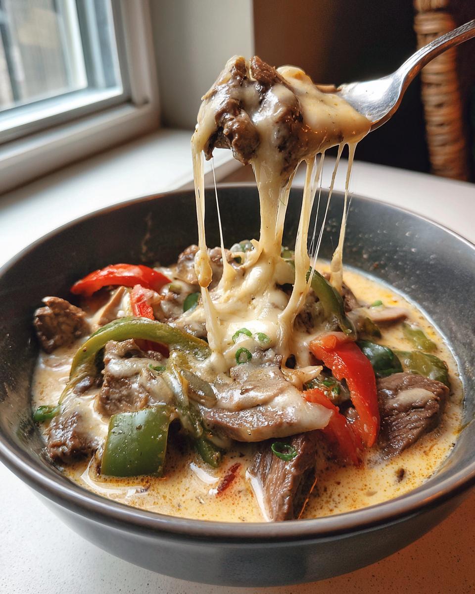 A spoonful of creamy philly cheese steak soup showing a dramatic cheese pull over chunks of steak and peppers.