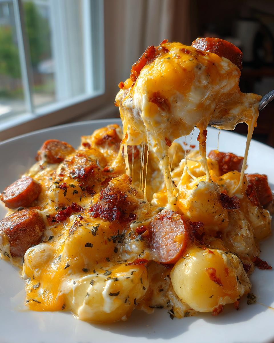 A fork lifts a cheesy, gooey bite from a plate of pierogi casserole topped with sausage slices.