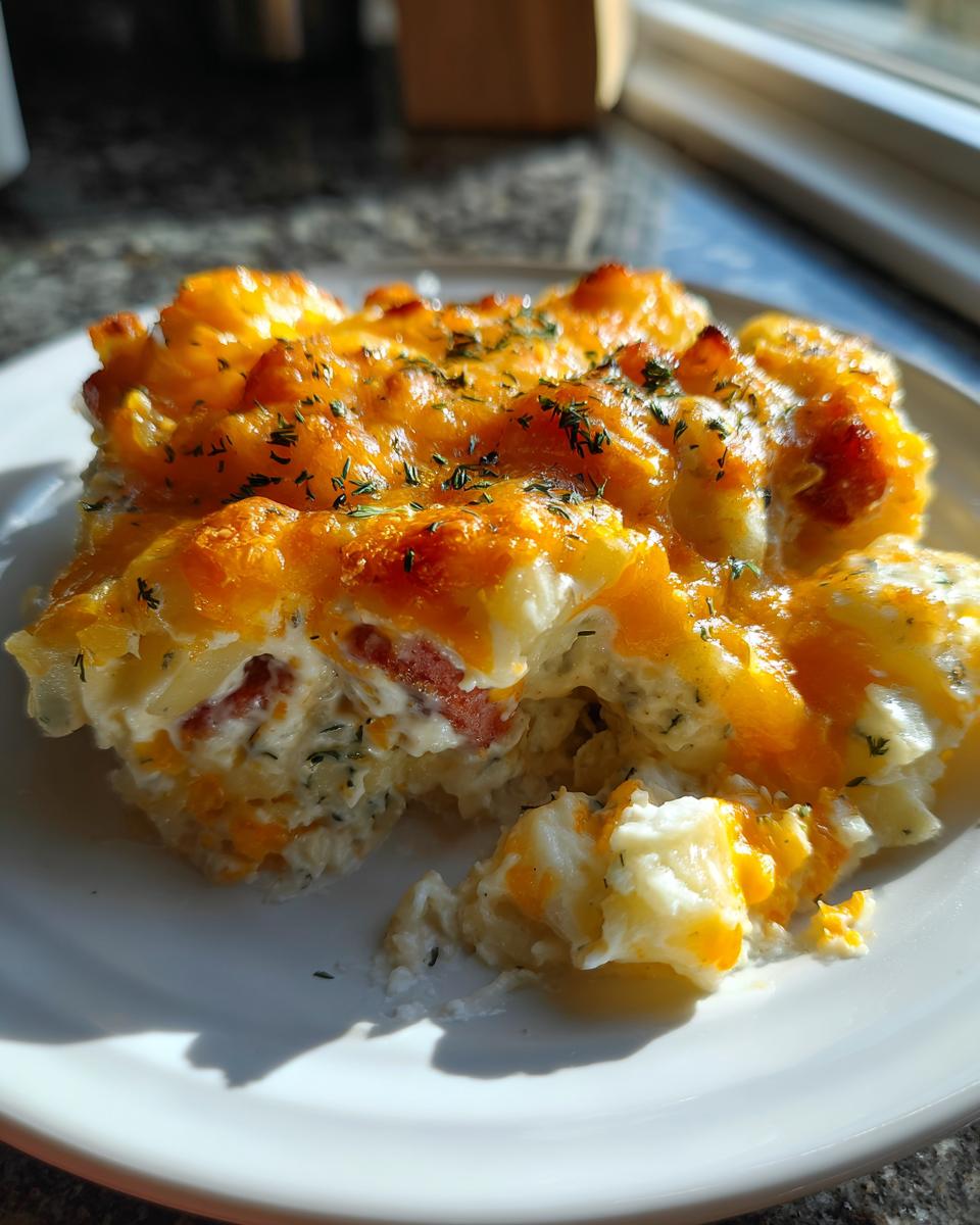 A close-up serving of baked pierogi casserole topped with melted cheddar cheese and sprinkled with dried herbs.