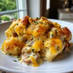 A close-up of a serving of cheesy pierogi casserole, topped with melted cheddar and parsley.