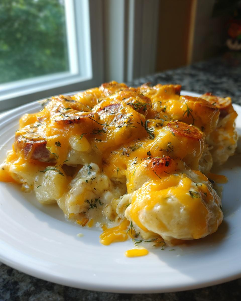 A close-up of a serving of pierogi casserole topped with melted cheddar cheese, sausage pieces, and fresh dill.