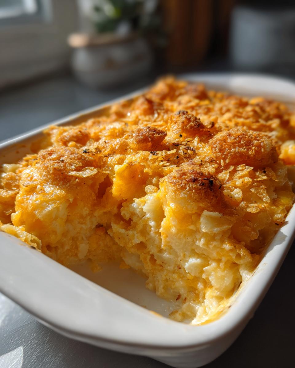 A close-up of a baked cheesy potato casserole with a crunchy, golden topping in a white baking dish.