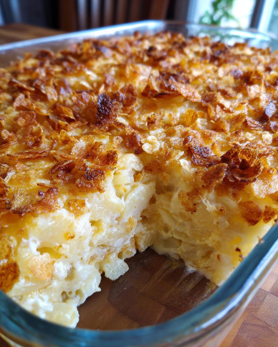 A scoop has been taken out of a baked cheesy potato casserole, revealing creamy interior and a golden, crunchy topping.