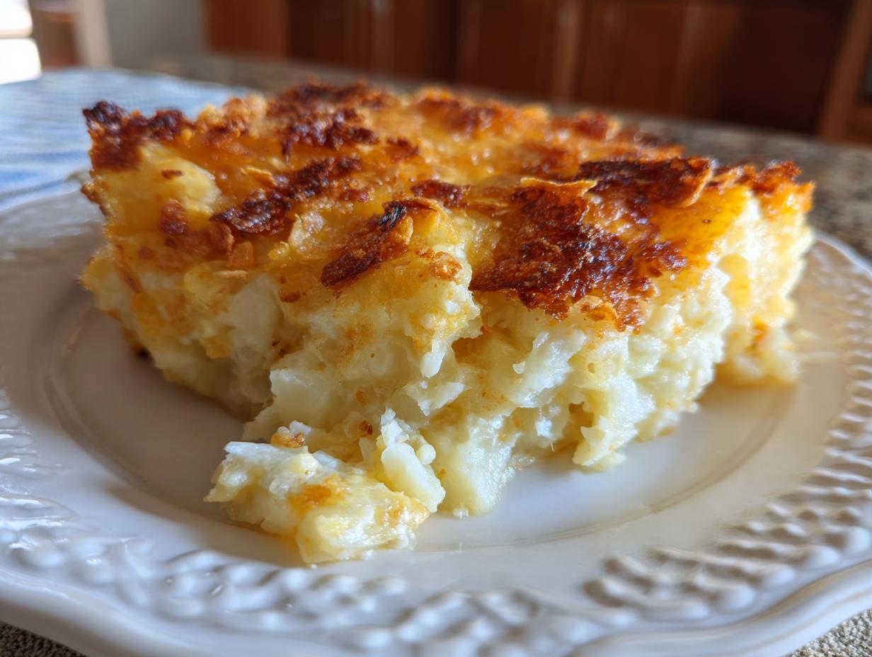 A close-up of a serving of cheesy potato casserole with a deeply browned, crispy top layer.