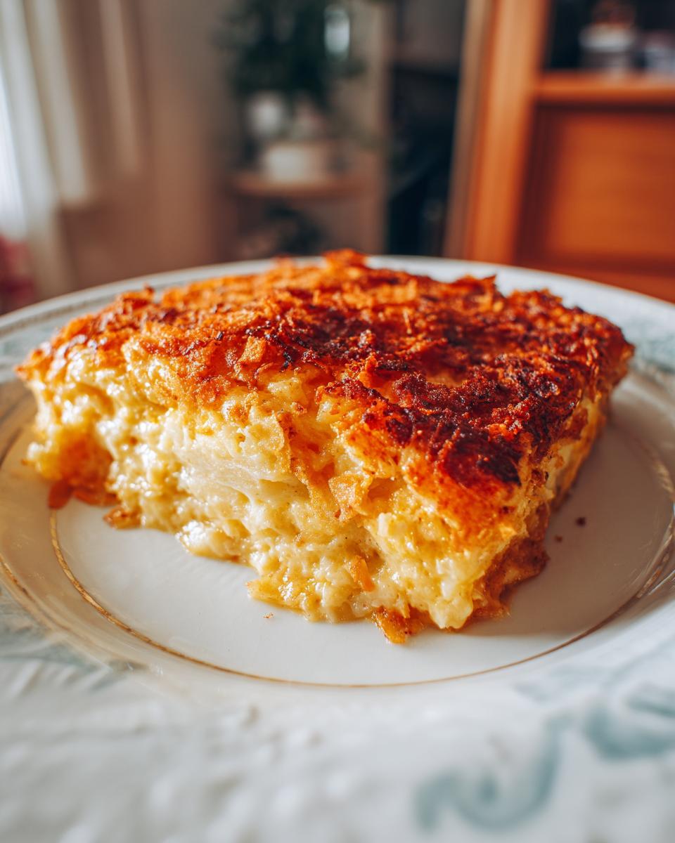 A close-up shot of a square serving of cheesy potato casserole with a deeply browned, crispy top, resting on a decorative white plate.