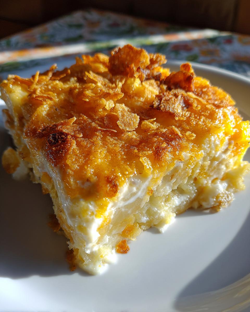 A close-up slice of cheesy potato casserole with a golden, crunchy topping served on a white plate.