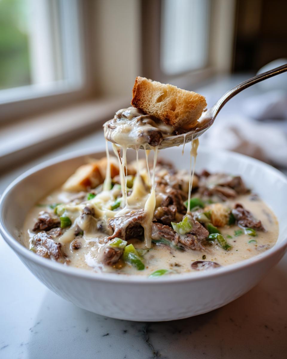 A spoonful of creamy philly cheese steak soup showing long cheese pulls, topped with a crouton.