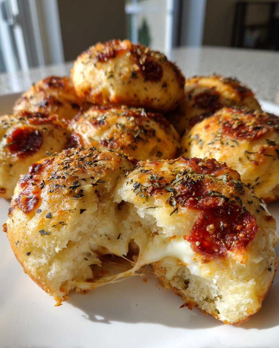 Close-up of homemade pizza bites, one is broken open showing melted, stringy cheese filling.