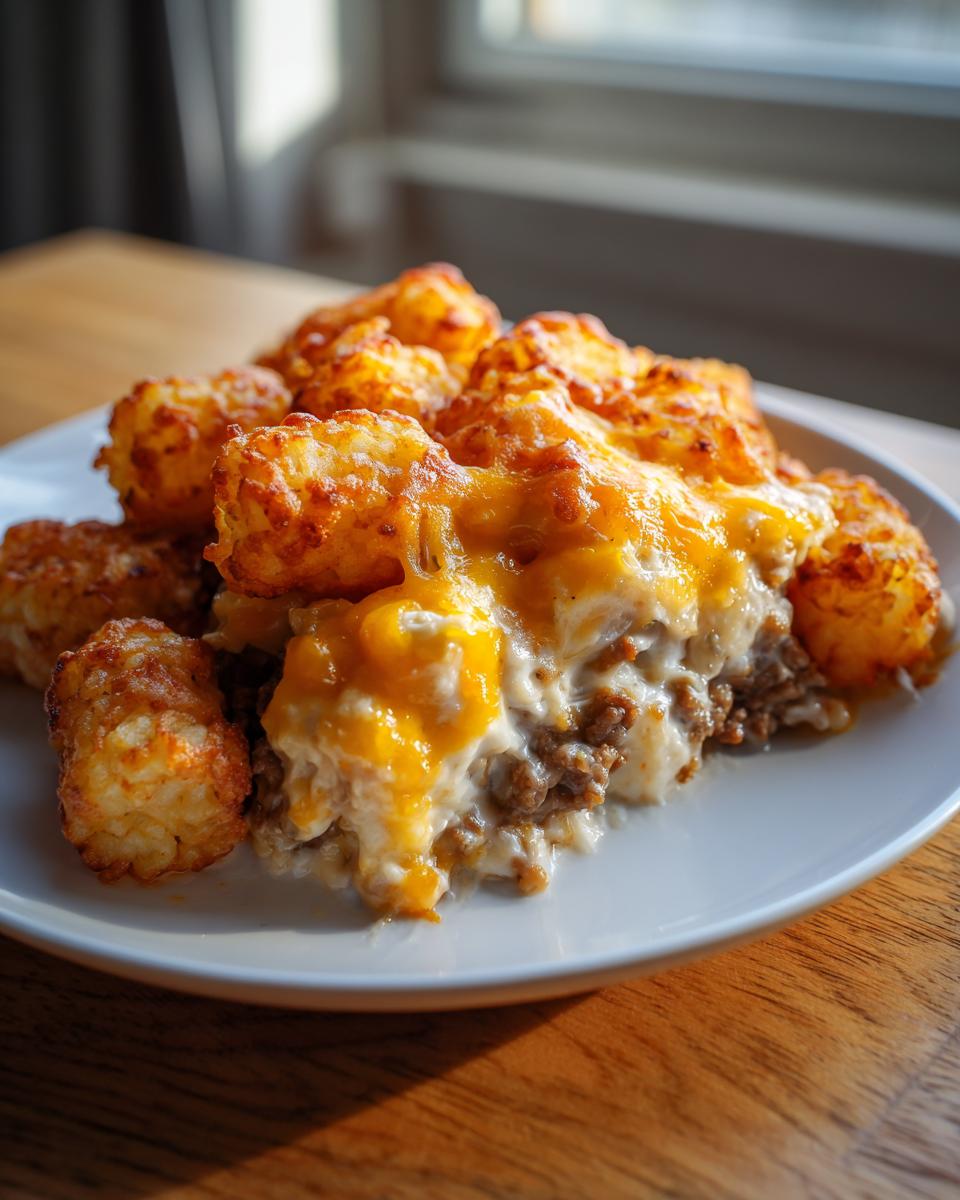 A close-up serving of tater tot casserole featuring a layer of ground meat, creamy sauce, melted cheddar cheese, and crispy tater tots.