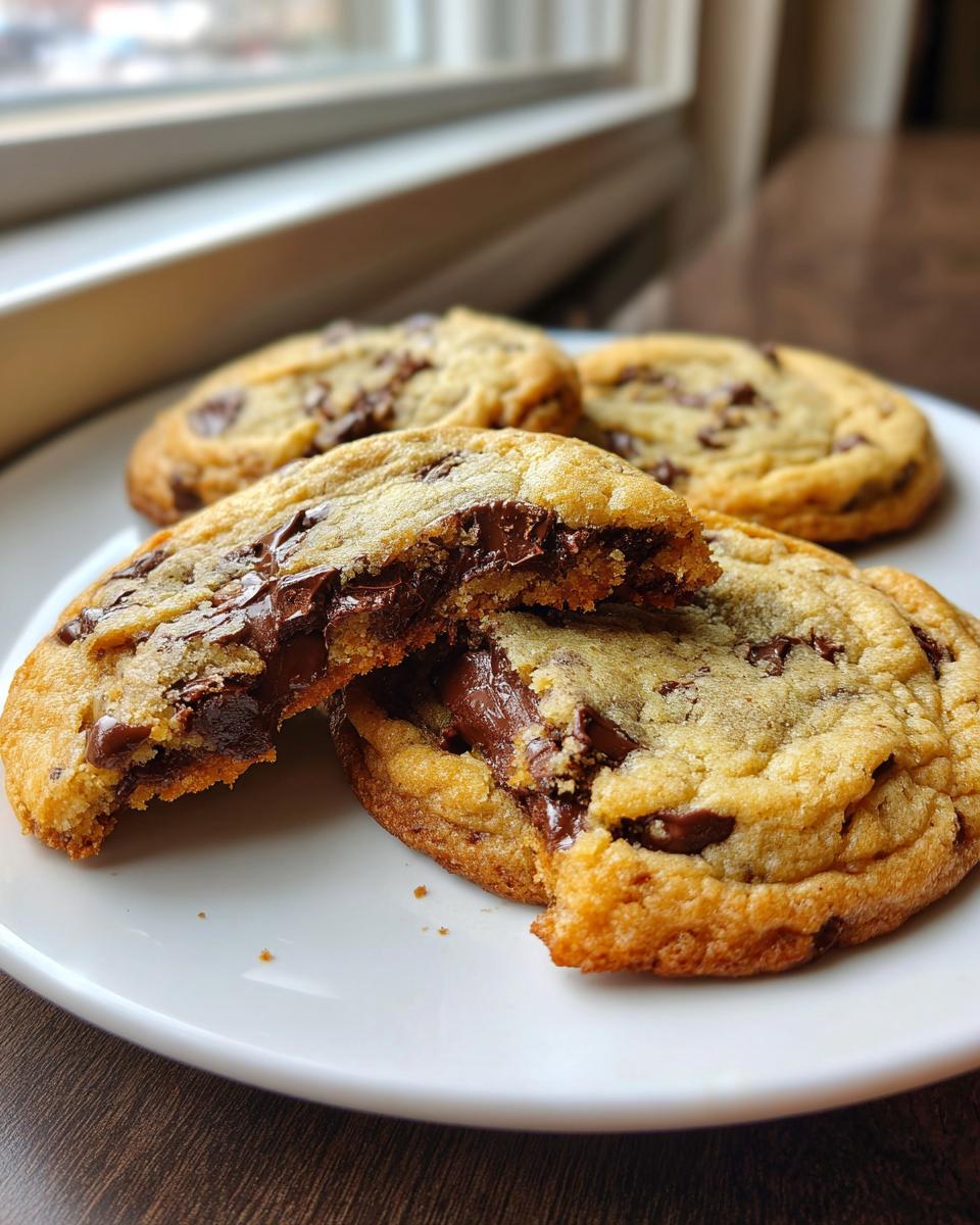 Close-up of a chewy chocolate chip cookie broken in half showing melted chocolate chips inside.