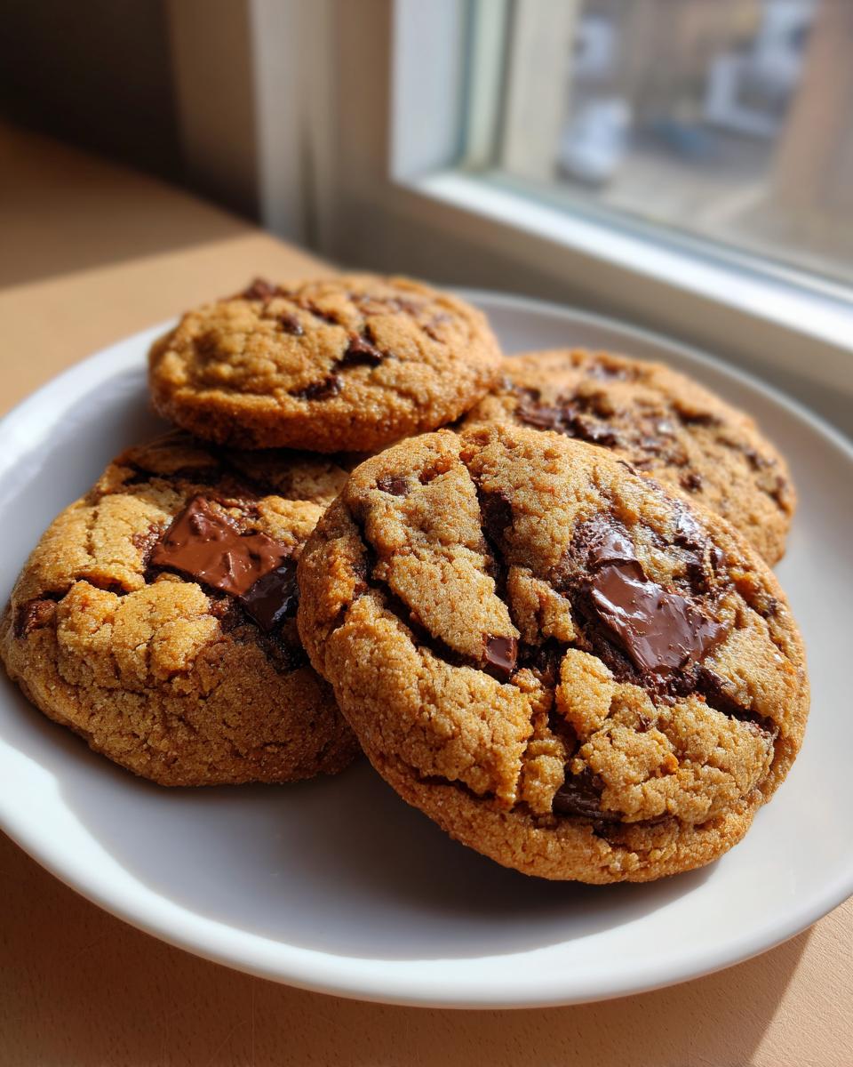 Four freshly baked, thick, and chewy chocolate chip cookies piled on a white plate near a window.