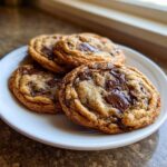 Close-up of four golden brown, freshly baked chewy chocolate chip cookies with melted chocolate chunks on a white plate.