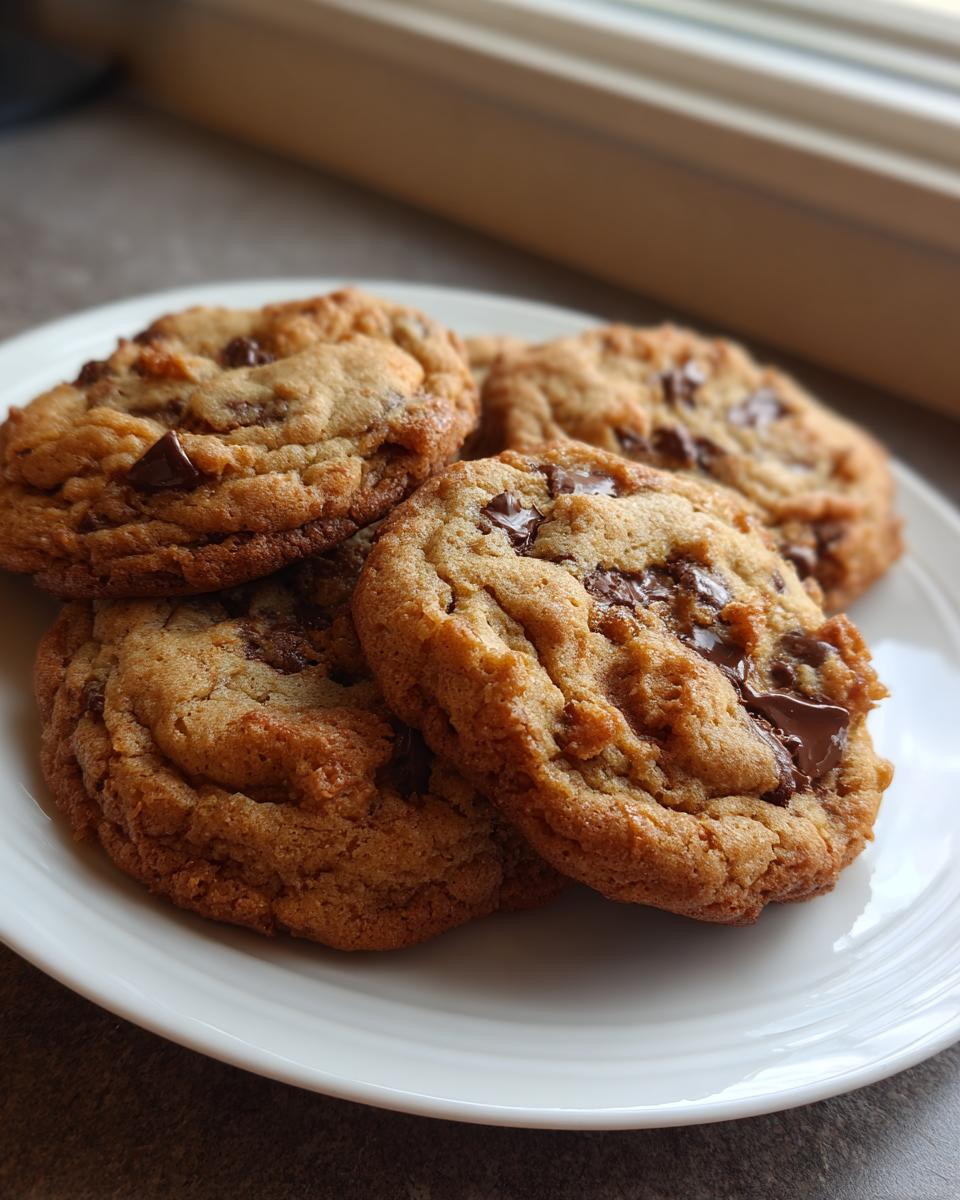 A close-up of four freshly baked, golden brown chewy chocolate chip cookies piled on a white plate.