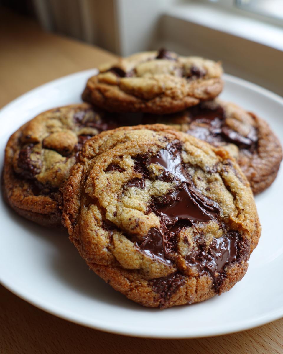 Close-up of several freshly baked, chewy chocolate chip cookies piled on a white plate with melted chocolate centers.