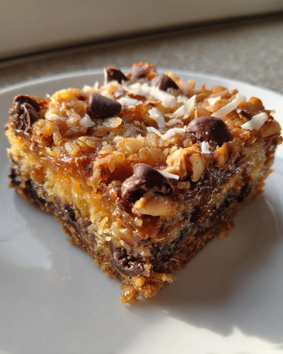A single serving of rich, gooey magic cookie bars topped with chocolate chips, coconut, and nuts, sitting on a white plate.