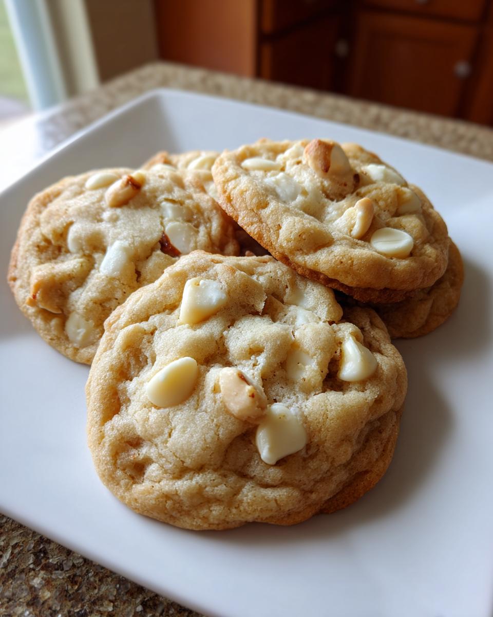 A stack of freshly baked, chewy white chocolate macadamia nut cookies on a white plate.