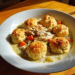 A close-up of a hearty bowl of chicken and dumplings with biscuits, featuring shredded chicken, carrots, and creamy sauce.